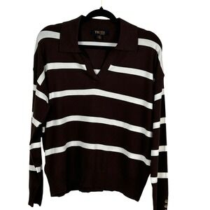 TRUTH by Republic Brown White Striped Collared Lightweight Sweater L G